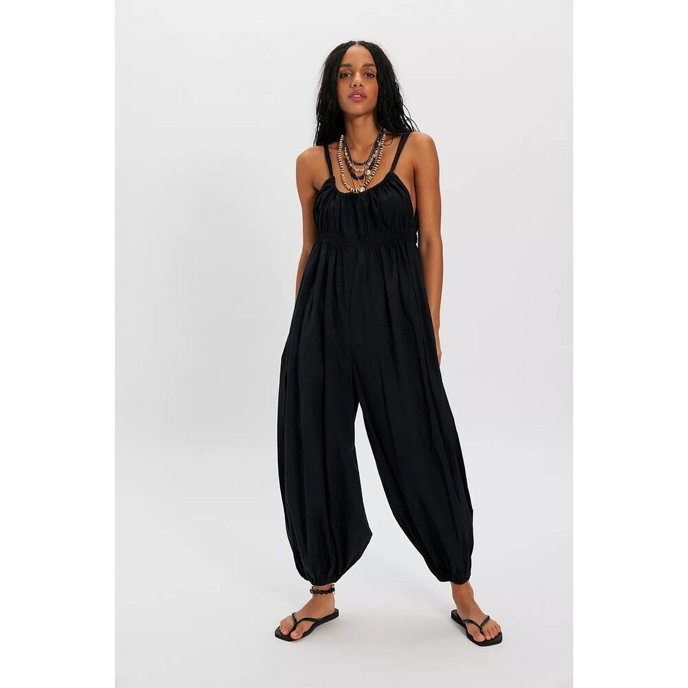 Free People Free-Est Frannie Jumpsuit Balloon Legs Black Solid Cotton XL 288813